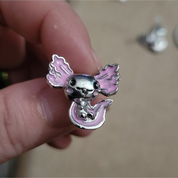 Axolotl earrings, silver & pink post/stud - Picture 2 of 3